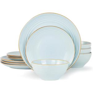 Famiware Jupiter Dinnerware Set, Plates and Bowls Dish Sets for 4 (12 Pieces), Microwave and Dishwasher Safe Stoneware Speckled Tableware, Chip and Scratch Resistant, Light Blue