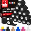 AZEN 16 Pack Self Adhesive Bandage Wrap Black, 2" X 5 Yards Black Athletic Tape, Vet Wrap, Tattoo Grip Tape Wrap，Ankle Tape, Cohesive Bandage Wrap