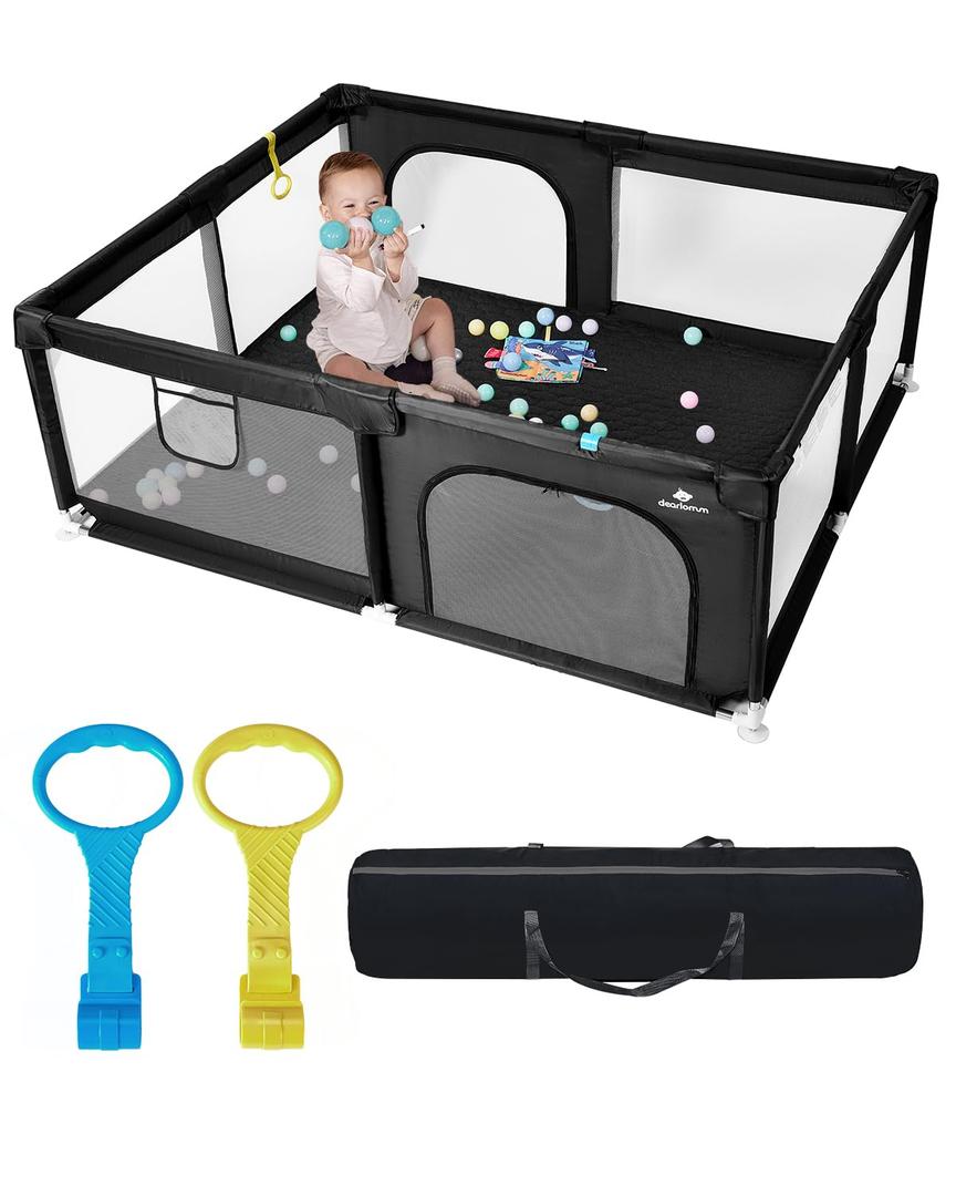 Baby Playpen with Mat, 71" x 59" Extra Large Play Yard for Babies and Toddlers, Baby Fence with Soft Thick Play Mat, Indoor Safety Activity Center for Infants, Easy to Assemble and CleanBlack