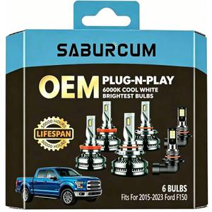 2015-2023 Ford F150 1:1 halogen Hi-Lo Dual Beam Bulbs Fog Lights Combo,2015 2016 2017 2018 2019 2020 2021 2022 2023 6000K White 40000LM Super Bright f-150 Hi/Lo Light Bulbs,Pack of 6