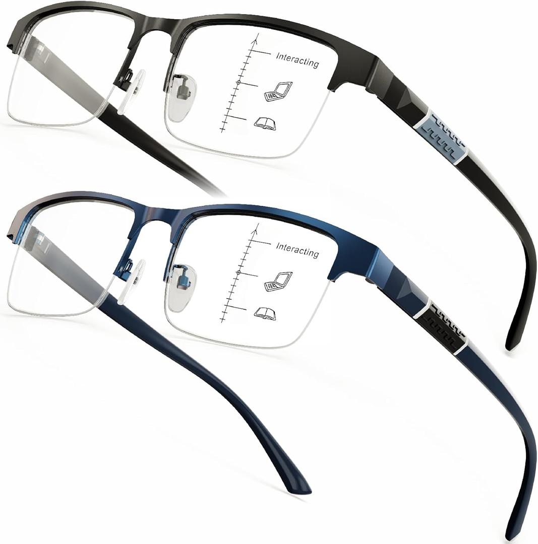 DEHOTRE 2 Pack Progressive Multifocus Reading Glasses Men Semi Rimless Stainless Steel Frame TR90 Temple Computer Readers