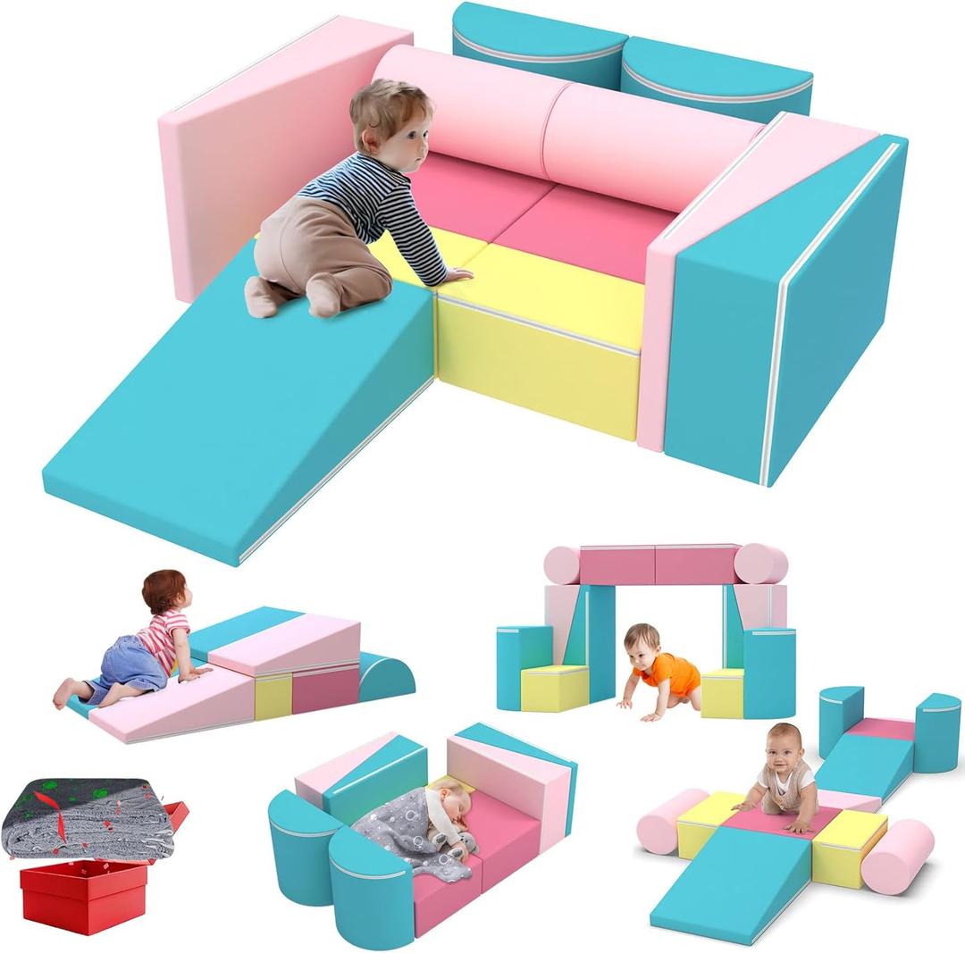 BIERUM Kids Couch, 8PCS Modular Kids Play Sofa with Blanket, Color-Blocking Toddler Couch for Playroom, Convertible Kids Foam Climbing Play Set, Imaginative Creative Play Sofa for Boys & Girls