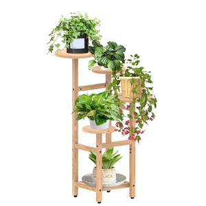 5 Tier Wood Plant Stand Indoor, BueDeHai Round Flower Pot Stand with Plant Saucer and Gardening Tool for Outdoor,Natural