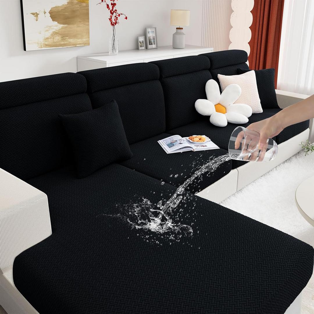 hyha Waterproof Sectional Couch Cushion Covers, Wear Resistant Sofa Slipcovers Washable, Anti Slip L Shape Couch Covers for Sectional Sofa, Furniture Protector for Pets (1 Piece Chaise, Black)