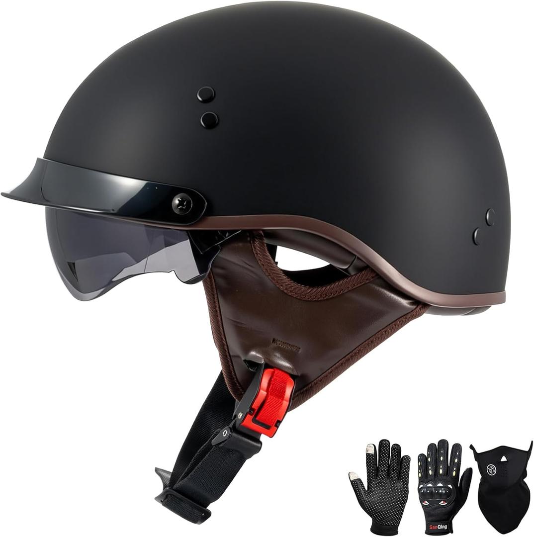DOT Approved Motorcycle Half Helmet for Adults, Lightweight Retro Open Face Half Shell Helmet for Cruiser Scooter Chopper Moped Street Bike, Men Women Universal Casco (X-Large, Matte Black)