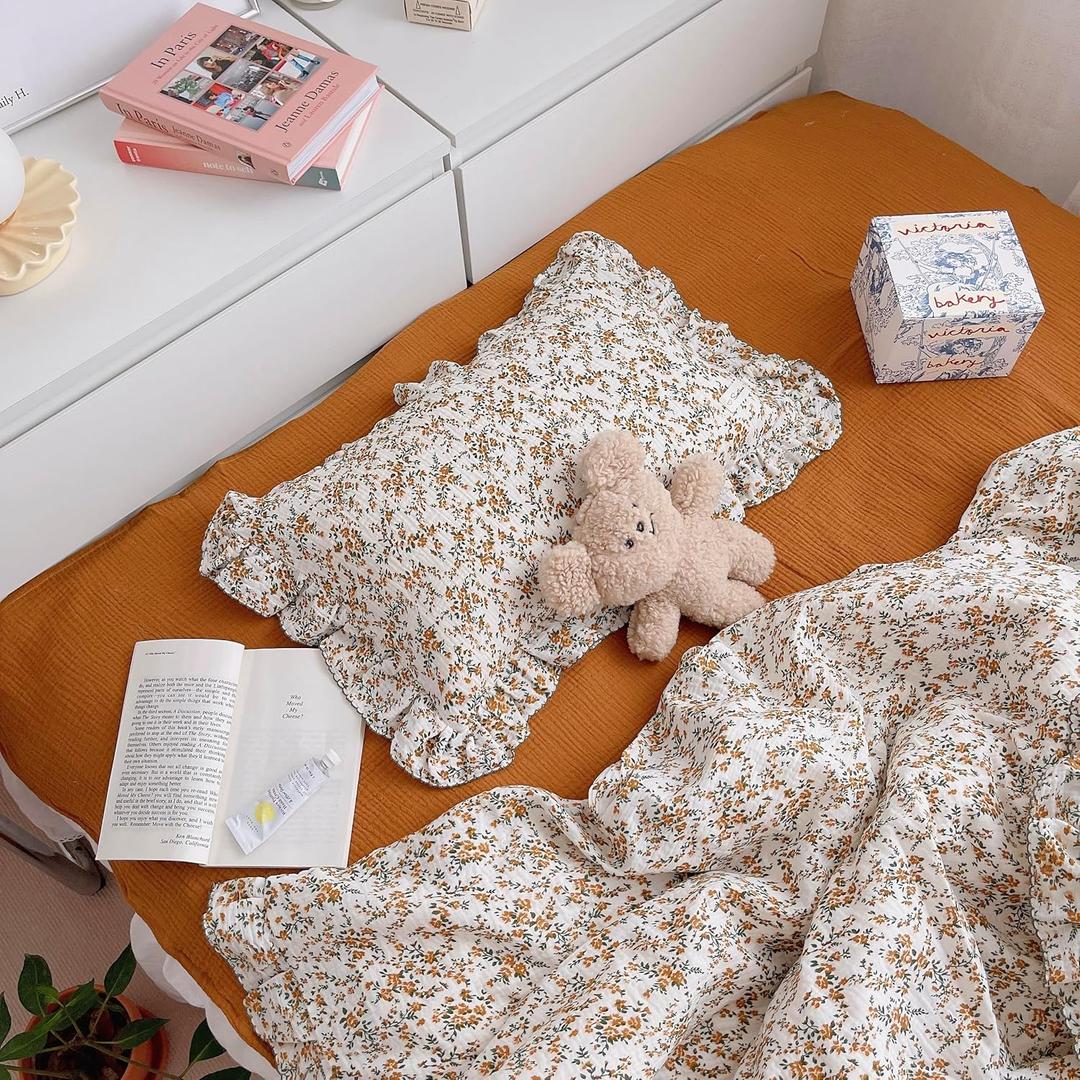 BuLuTu Soft Cotton Muslin Kids Toddler Pillowcases Hibiscus Flowers Pattern, Shabby Chic Floral Nursery Pillow Case 14"x20" for Boys Girls, Durable Pillow Cover Ruffle Edges Travel Pillow Cases