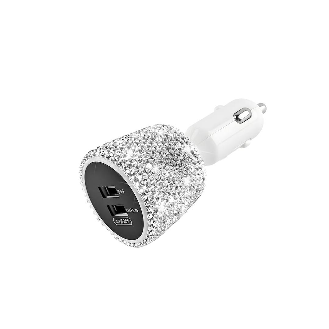 Ankuee Bling USB Car Charger, 3.1A Dual Port Crystal Rhinestone Vehicle Fast Charger Adapter, Diamond Automotive Interior Charging Plug Decor, Universal for Most Smartphones (Pink)