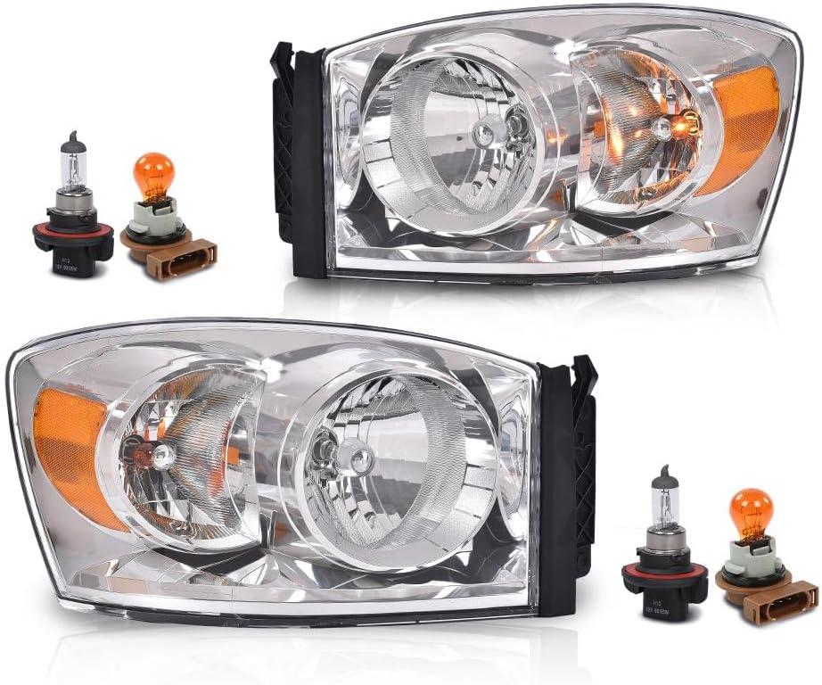 G-PLUS Headlights w/Bulbs Pair Compatible with Dodge Ram 1500 2006-2008/Fit Dodge Ram 2500 3500 2006-2009 68003125AD, 68003124AD, CH2502180, CH2503180 Clear Lens Chrome Housing Amber Reflector ([Chrome] 2006-2008 Ram)