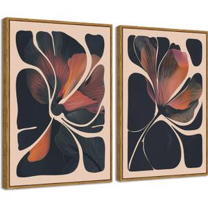 Framed 2pcs Large Boho Wall Art Canvas Orange and Black Abstract Floral Mid Century Modern Wall Decor Flower Botanical Prints Posters Pictures for Living Room Bedroom Home Decor 36"x24"x2, 36L" x 24W" x 2