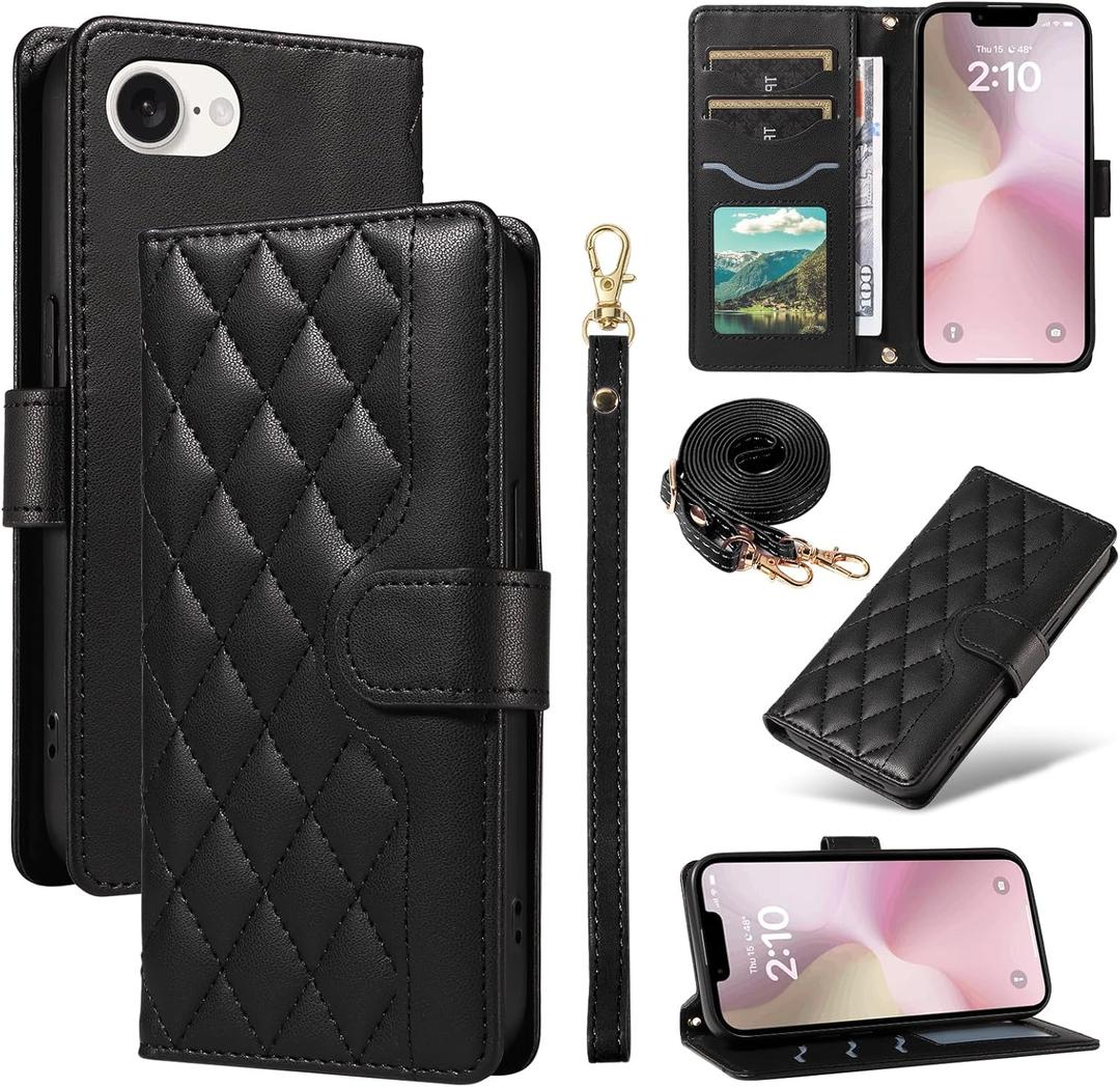 Crossbody Wallet Case for Apple 16E (Not 16e) with Card Holder, PU Leather with Kickstand Lanyard Strap Cover for Women Girls Case for iPhone 16e.Lattice Black