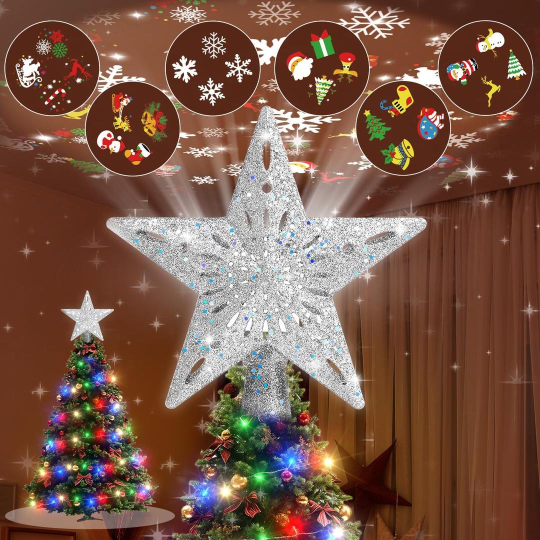 Christmas Tree Topper Lighted with 10M Colorful String Lights, Keten Silver Star Tree Toppers Decoration with 3D Rotating Pattern Projector, Tree Top for Indoor Outdoor Xmas Party (Christmas Silver)