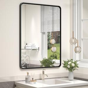 OKPAL 24X32 Inch Black Metal Framed Bathroom Mirror for Wall, Rounded Rectangle Matte Black Vanity Mirror for Bedroom with Beveled Border, Anti-Rust, Shatterproof (Horizontal/Vertical)
