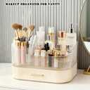 Makeup Organizer Countertop with 360 Rotating Brush Holder, Make Up Organizers For Vanity With Drawer, Bathroom Countertop Skincare Organizer And Storage