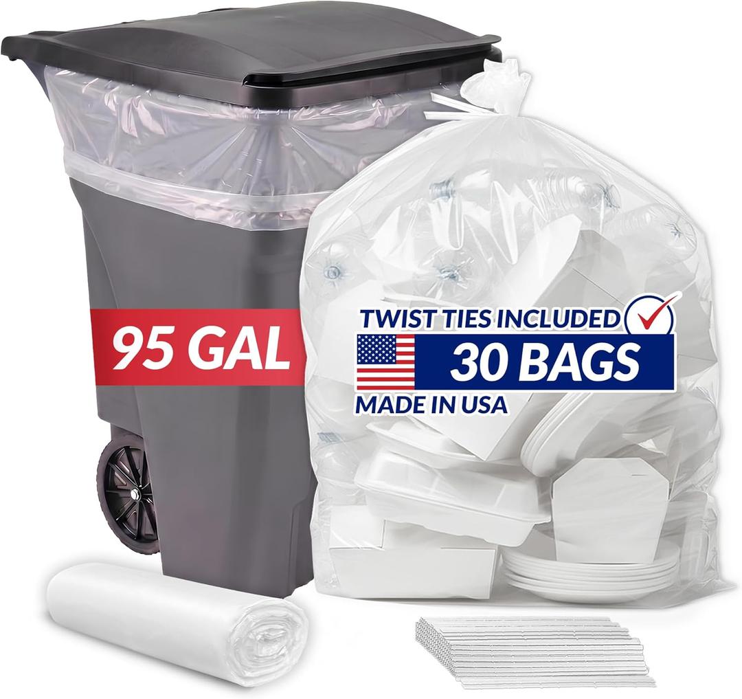 Reli. 95 Gallon Trash Bags Heavy Duty | 30 Trash Bags with Ties | Super Sizeable, Clear, Serious Garbage Cleanup