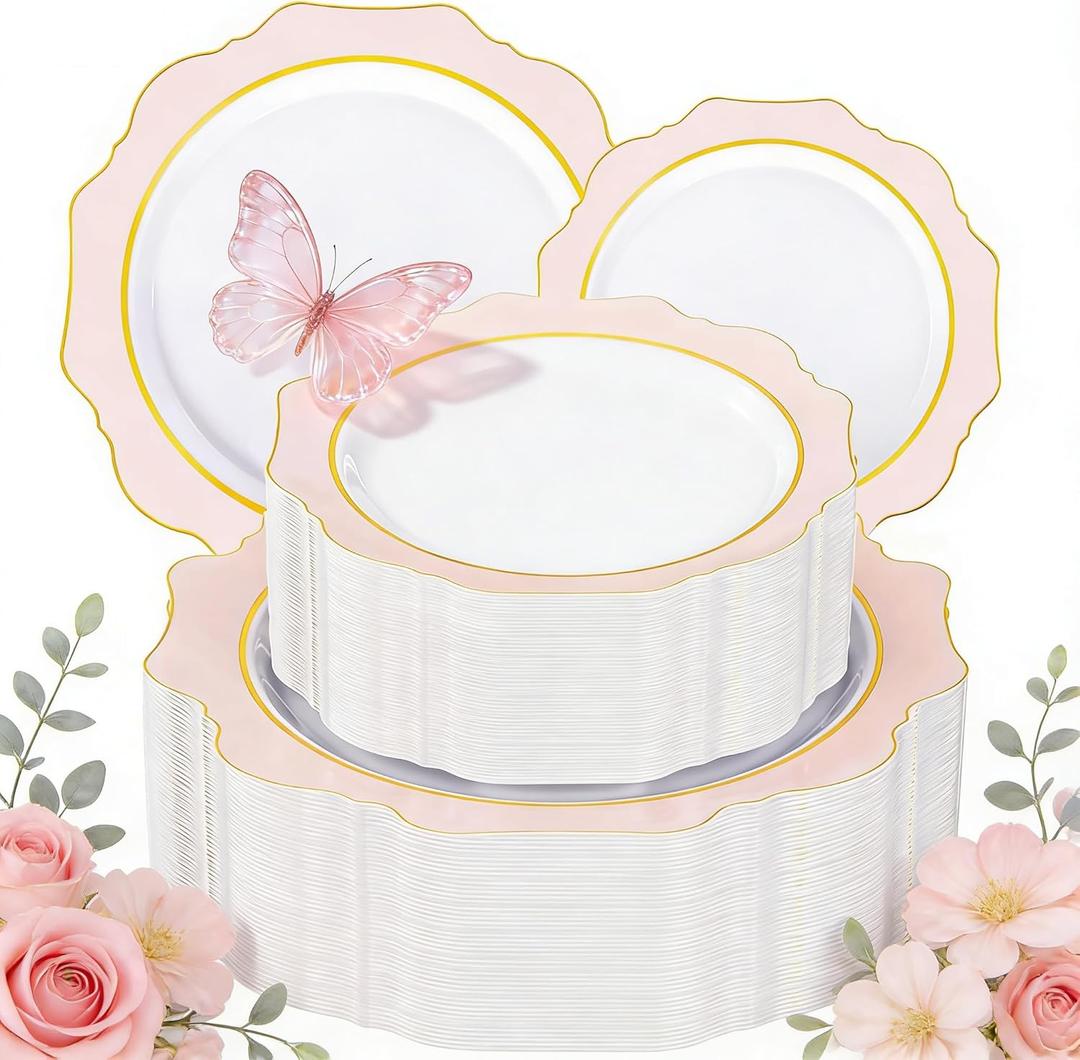 WDF 100PCS Pink Plastic Plates - Heavy Duty Pink and Gold Disposable Plates - Include 50 Dinner Plate 10" and 50 Cake Plastic Plate 7" for Baby Shower/Wedding/Spring/Bridal Shower/Tea Party/Mother's Day, 