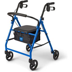 Medline Steel Rollator Walker for Adult Mobility Impairment, Blue, 350 lb. Weight Capacity, 6 Wheels, Foldable, Adjustable Handles, Rolling Walker for Seniors