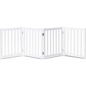 LZRS 4-Panel Wooden Free Standing Foldable Dog Gate Indoor  24" High, Extra Wide Step-Over Safety Pet Gate for Doorways, Stairs, Hallways, Large Spaces & Playpen for Puppies Indoor Use, White