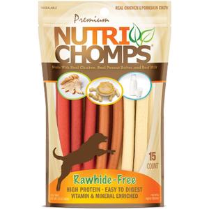 Nutri Chomps Dog Chews, 5-inch Twists, Easy to Digest, Rawhide-Free Dog Treats, 15 Count, Real Chicken, Peanut Butter and Milk flavors (EXP 03/21/28)