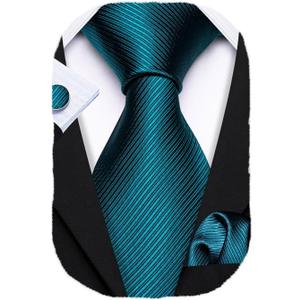 Barry.Wang Tie Sets for Men Silk Stripe Necktie Woven Checkered Handkerchief Cufflinks Formal Business Wedding (Solid Teal)