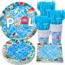 Pool Party Supplies, Summer Decorations include Pool Party Plates, Napkins, Cups and Forks, Pool Decorations Tableware Set for Birthday, Baby Shower, Serves 24