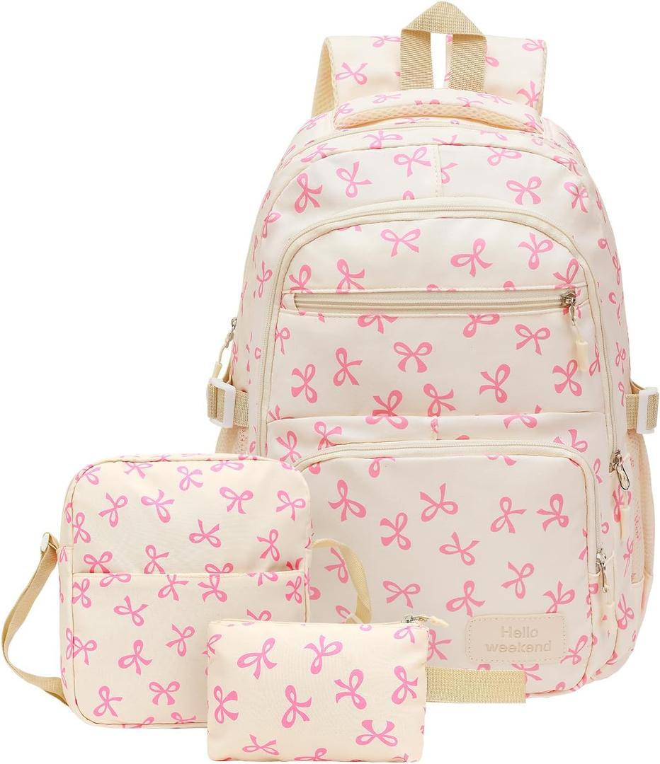 Bow Backpack, Coquette Backpack for Women, Pink Bow Shoulder Bag 3PCS Set, Cute Large Capacity Versatile Rucksack