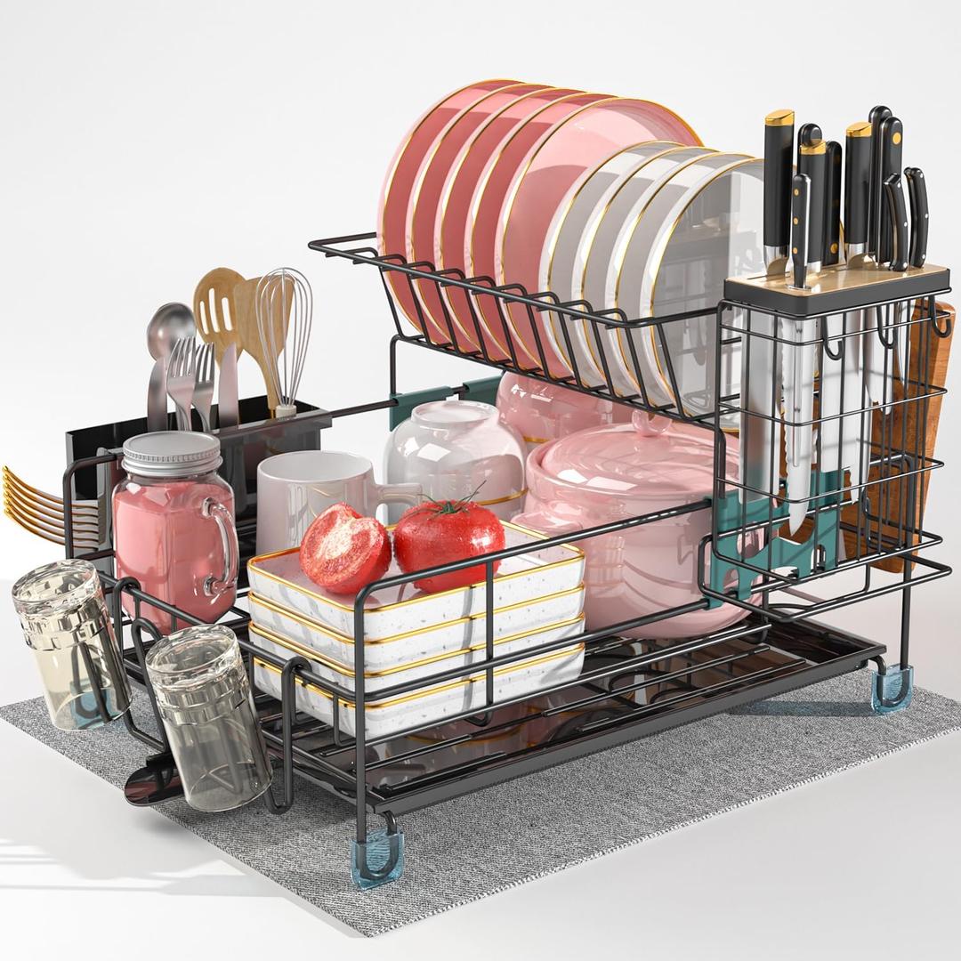 Dish Drying Rack, Stainless Steel 2-Tier Dish Rack with Cup Holder Utensil Holder Cutting Board Holder Knife Holder with Drainboard Black