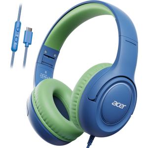 Acer USB-C Kids Headphones - 85/94dB Safe Volume Limited, Foldable Wired Over Ear Headphones for Travel, Toddler Headphones for School, Travel, iPad, Tablet, Blue Green, HK03C