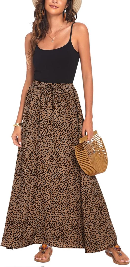 Bluetime Women Flowy Long Skirts Summer Beach Pleated Elastic High Waisted Casual Maxi Skirts, XL