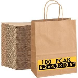 Tlpmsk 100Pcs Brown Paper Bags with Handles,8.2×4.3×10.5 Inch Gift Bags, 1 Count