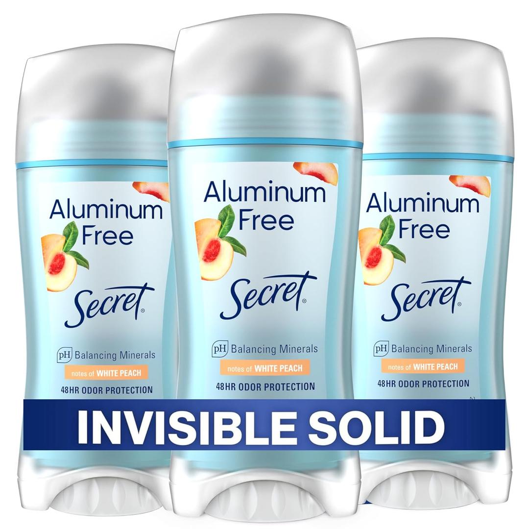 Secret Aluminum Free Deodorant for Women, 48hr Odor Protection, Free of Parabens Dyes Talc & Baking Soda, PH Balancing Minerals, Invisible Solid, White Peach Scent, 2.4 oz (Pack Of 3)