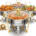 VEVOR Chafing Dish Buffet Set, 5 Qt 4 Pack, Stainless Steel Chafer with 4 Full Size Pan, Round Catering Warmer Server with Glass Lid Water Pan Folding Stand Fuel Holder, for Wedding Banquet, Gold