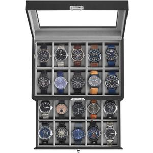 SONGMICS 20-Slot Watch Box, Watch Case with Glass Lid, 2 Layers, Lockable Watch Display Case, Black Synthetic Leather, Gray Lining UJWB006