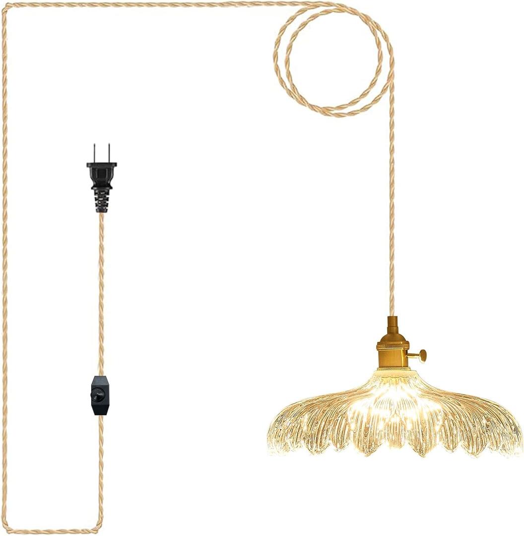 Plug in Pendant Light, 14Ft Cord Clear Glass Shade Hanging Light, Industrial Pendant Light for Dinning Room On/Off Switch Hanging Lamp Plug in, Bedroom and Kitchen Island