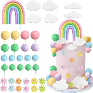 37Pcs Rainbow Cake Topper Boho Groovy Hippie Cake Decorations Pastel Balls Daisy Flower Cake Toppers for Retro Hippie Party Girl Birthday Party Groovy Bohemian Rainbow Wedding Party Supplies