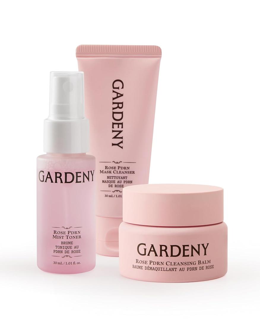 GARDENY Korean Skincare Set | 3-step K-Beauty Routine Kit | Cleansing Balm, Mask-to-Foam Cleanser & Hydrating Mist Toner | Rose PDRN Technology | Travel Size 1.01 fl. oz Each