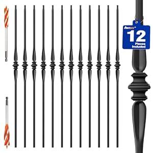 Wrought Iron Hollow Balusters - Deck Spindles Stair Railing indoor,Stair Single Spoon Knuckle Hollow Iron Baluster stair spindles, for staircase interior, Includes 2 Drill Bits for Wood(12 Pack Black)