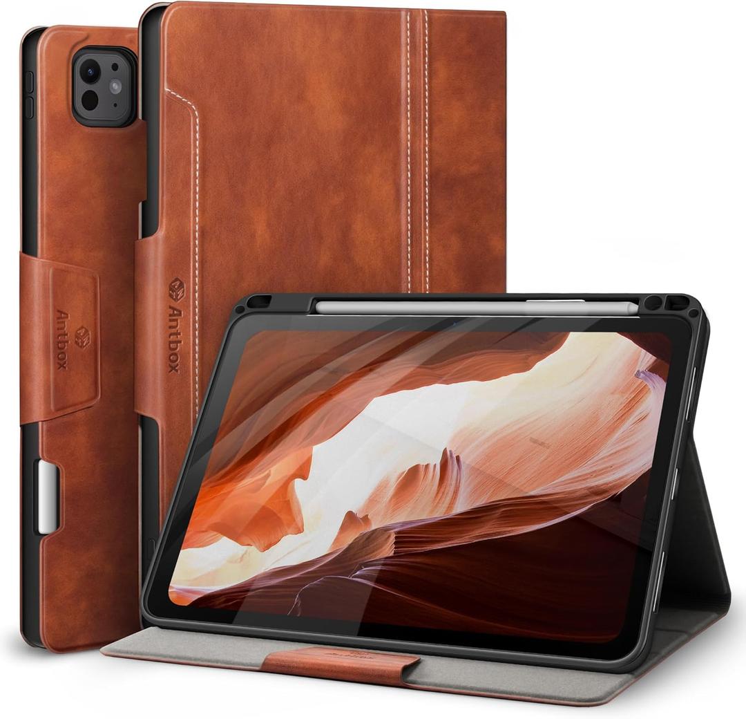 Antbox for iPad Pro 11 Inch Case M5 2025/M4 2024, Built-in Pencil Holder, Fully Supports Pencil Pro/USB-C, Auto Sleep/Wake Function Vegan Leather (Brown)