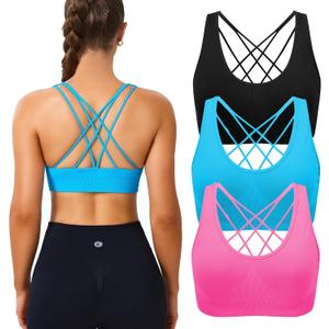Evercute Cross Back Sport Bras Padded Strappy Medium Support Cropped Bras for Yoga Workout Fitness Bras (Black French-blue Magenta-pink 3 Pack Size M)