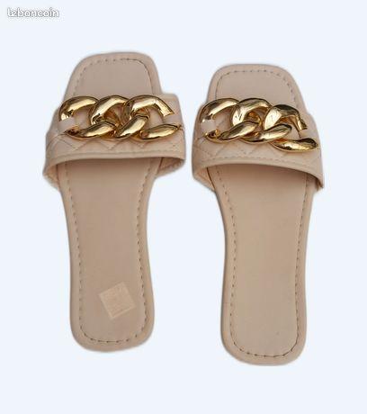 Women's Metallic Flat Sandals Open Toe Single Band Slide Sandals Gold, Size 38