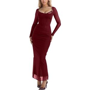Women's Sexy Mesh Dresses Long Sleeve Slim Fit Elegant Sheer Maxi Dress Party Club Night Out Evening Cocktail Long Dresses (Large, Burgundy)