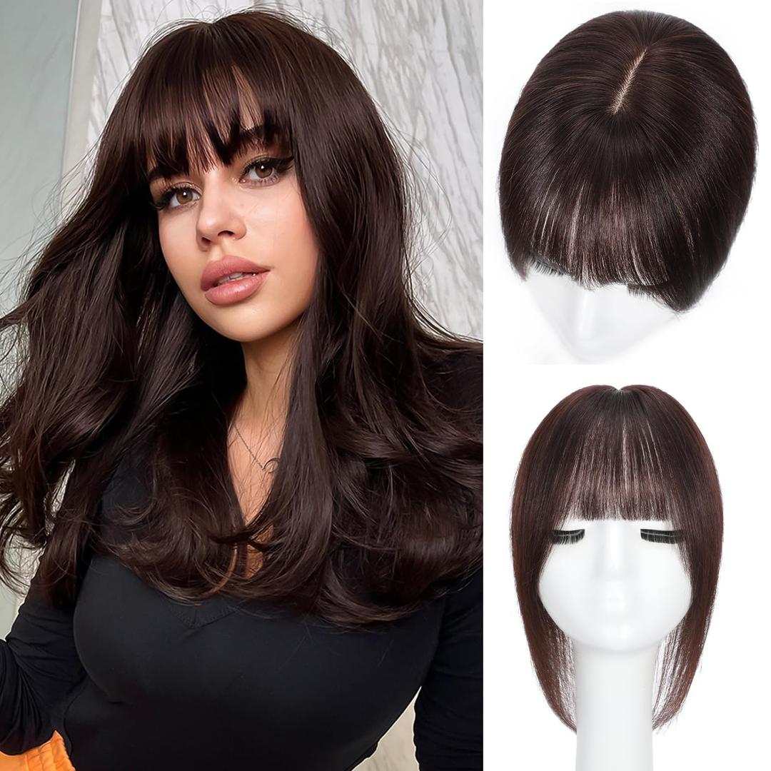 Matriarchs Hair Toppers For Women Real Human Hair,12inch Wispy Clip In Bangs Toppers Hair Pieces For Women With Thinning Crown, 3603D Cover Realistic Scalp Line Hairpieces (Dark Brown)
