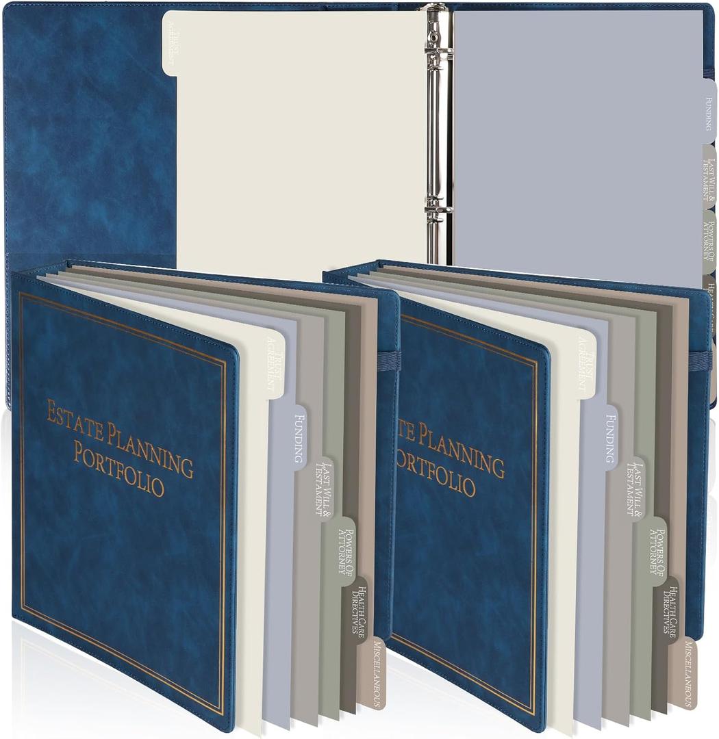 chiazllta 2 Pcs Estate Planning Portfolio Binder with Index Tab Divider When I Die Organizer Binder End of Life Planner PU Leather 3 Ring Organizing Wills Trusts Powers of Attorney Final Wishes(Blue)