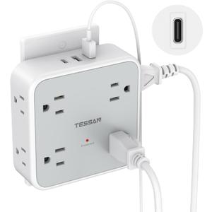 Multi Plug Outlet Extender, TESSAN Outlet Splitter with 8 Sockets and 3 USB (1 USB C), Wall Surge Protector with Power Switch, 3 Sided Multiple Wall Plug Extender for Home, Dorm Room, Office (White-Grey)