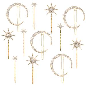 Hedume 12 Pack Stars and Moon Hair Clips, Vintage Rhinestone Hair Pin, Metal Alloy Diamond-studded Hair Accessories for Women Girls