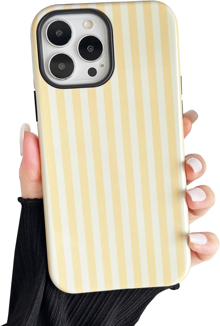 Compatible with iPhone 14 Pro Max Case, Cute Fashion Aesthetic Striped Pattern Cover for Women, Shockproof Soft TPU and Hard PC Protective Phone Case for iPhone 14 Pro Max 6.7"- Yellow