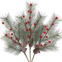 Oairse 3 Pcs Christmas Artificial Pine Branches 18.9 inch Pine Needles Stems Christmas Greenery Picks with Red Berries Pinecones Picks Spray Xmas Tree Branches for Xmas Vase DIY Craft Holiday Decor
