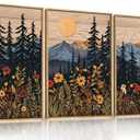 HOURIA Mid Century Woodland Mountain Framed Canvas Wall Art Set,Vintage Natural Sunset Wildflower Forest Field Decor,Wilderness Boho Floral Pine Tree Landscape Artwork for Living Room,Office-16"x24"x3