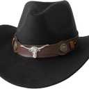 Jastore Kids Western Hats Boys Girls Cowboy Felt Hat Jazz Fedora Cowgirl Hats with Belt Buckle (6-12 Years, Black)