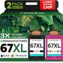 67XL Black/Color Remanufactured Ink Cartridge Replacement for HP Ink 67 67XL Printer Ink use for DeskJet 2700 2700e 2755e 2855e 2800 4155e 4255e 4100 Envy 6400 6055 6055e 6455e Printer 2-Pack