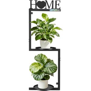 Wall Plant Holder Metal, Plant Frames Wall Decor, Wall Plant Stands for Indoor&Outdoor with Letters HOME Decor, 2 Round Flower Pot Trays, 12*7.87*34.33 Inch, Black